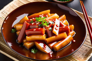 Gochujang Tteokbokki is a Korean food, and Tteokbokki is a thin, chewy rice cake made from rice. Tteokbokki is a Korean snack. Generative AI.