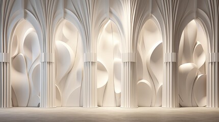 A 3D wall installation inspired by architectural elements, featuring abstract pillars and arches in a surreal and dreamlike setting.