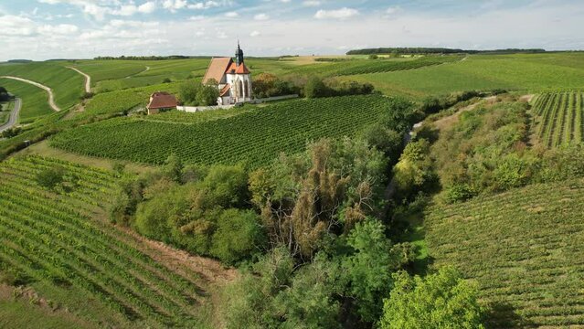 The pilgrimage church Maria im Weingarten and vineyards near Volkach seen from the air, Lower Franconia, Bavaria, Germany, Europe