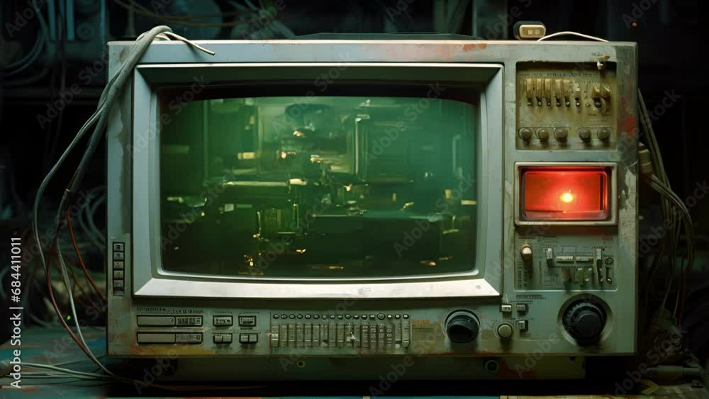 Poster a simple grey crt with a cracked and weathered plastic frame and an old analog tuner attached to the