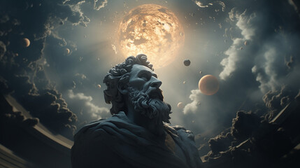 Statue of a bearded philosopher gazing at the cosmos, symbolizing scientific thought, rationality, philosophy, and astronomy. Epic scene with the sun and planets expanding behind the Greek sculpture - obrazy, fototapety, plakaty