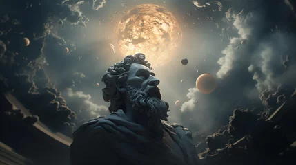 Foto op Canvas Statue of a bearded philosopher gazing at the cosmos, symbolizing scientific thought, rationality, philosophy, and astronomy. Epic scene with the sun and planets expanding behind the Greek sculpture © Domingo