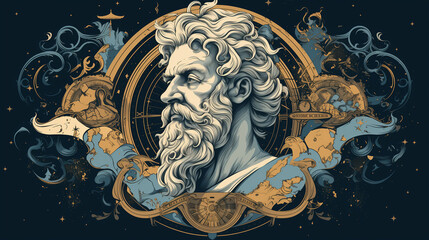 Illustration of a philosopher with beards, symbols, and ornaments to represent wisdom, thought, reasoning, and knowledge