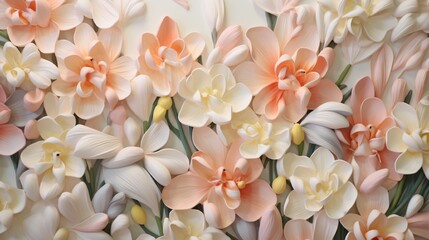 A close-up of a 3D floral wall mural capturing the delicate beauty of blooming freesias in soft pastel tones. - obrazy, fototapety, plakaty