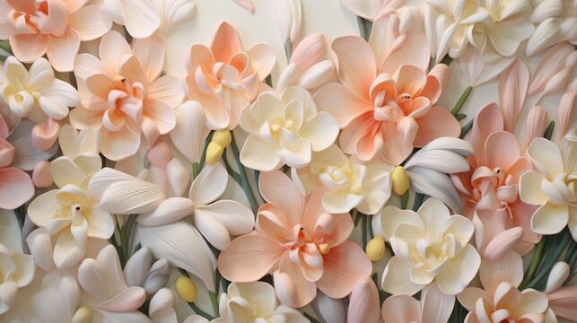 Fototapeta A close-up of a 3D floral wall mural capturing the delicate beauty of blooming freesias in soft pastel tones.