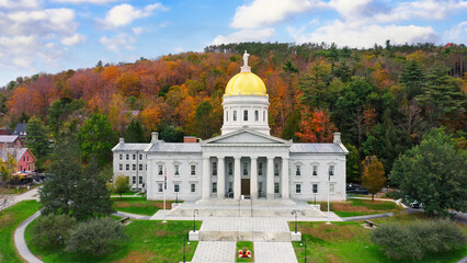 Aerial view of Vermont State House, in Montpelier, VT with fall foliage colors. The capitol is the...