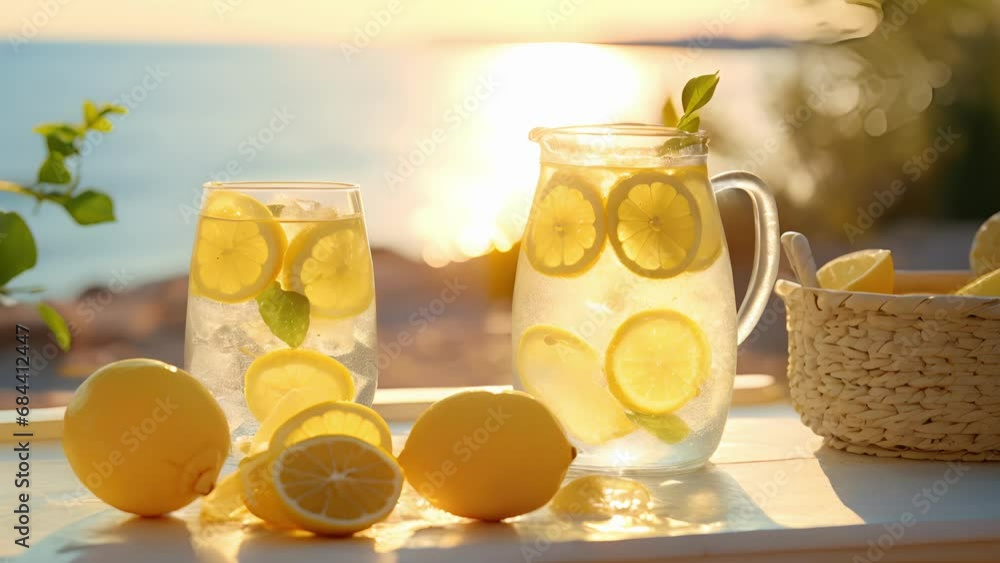Poster the sun shining through a glass pitcher of cold lemonade, creating a dazzling reflection on the shin