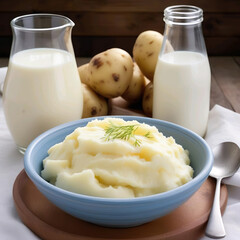 Puré de patatas en un bol junto a una jarra y una botella ambas con leche y a su lado unas patatas sin pelar