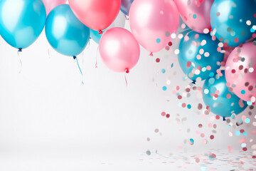 Banner with a celebration theme: Sweet pink and blue balloons, confetti, and streamers on a light background, providing space for copy.
