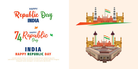 Happy republic day font white background with red fort sketch or flage element design vector file