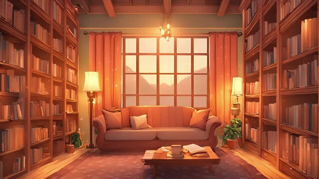 Enter world enchantment Library Lounge, where soft glow fireplace illuminates shelves upon shelves books. snow falls outside, take seat cozy nook yourself lost pages stream overlay animation