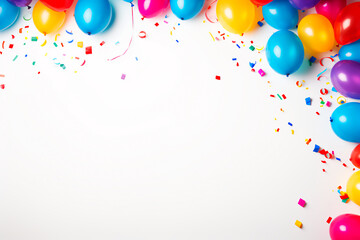 Birthday party-themed background with white wall space for copy, featuring an arrangement of colorful balloons, streamers, and confetti