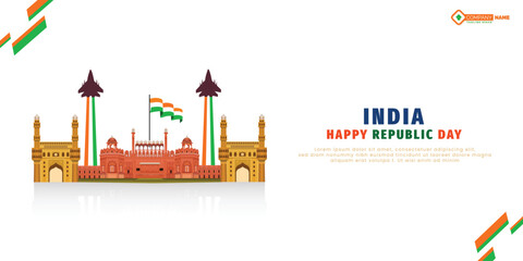 Happy republic day white background with red fort sketch banner design vector file