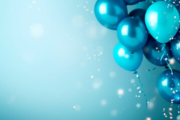 Banner with a celebration theme: Sweet blue balloons, confetti, and streamers create a festive and joyful background.