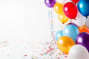 Birthday party-themed background with white wall space for copy, featuring an arrangement of colorful balloons, streamers, and confetti