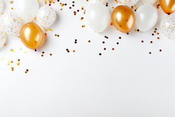 Top view of a festive layout featuring white and golden balloons, confetti, and a birthday celebration theme. White background adds to the festive atmosphere.