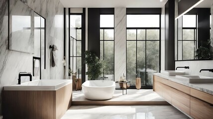 contemporary concrete bathroom with round mirror and shower - obrazy, fototapety, plakaty