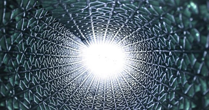Futuristic looking metal grid tube pattern, light at the end