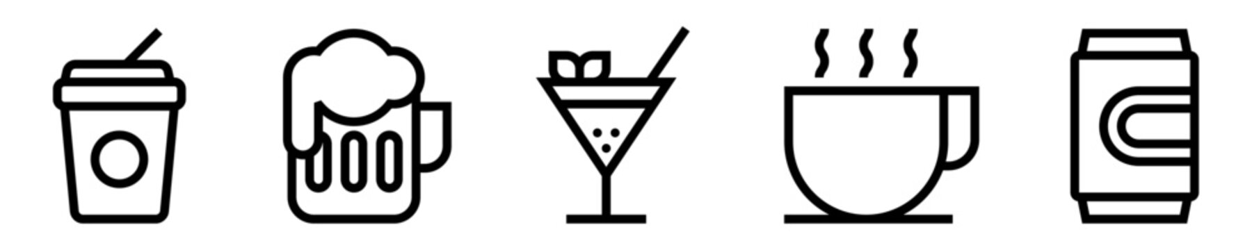 Conjunto de iconos de bebidas. Fr&iacute;as, calientes, alcoh&oacute;licas. Vaso fr&iacute;o, taza de caf&eacute;, jarra de cerveza, c&oacute;ctel, lata de refresco. Ilustraci&oacute;n vectorial
