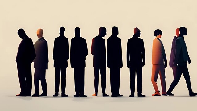 Minimal flat motion of a person struggling with imposter syndrome, constantly comparing themselves to their colleagues and feeling like they dont belong. 2D cartoon animation. .