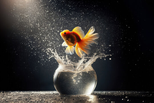 Goldfish jumping out of the water. Goldfish jumping from aquarium.  Escape. Goldfish jumping from glass aquarium,