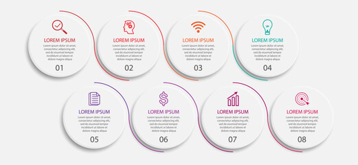 simple infographic vector design 8 steps or parts, circles with thin and thick lines, icons, text, numbers, for flow diagrams, presentations and your business