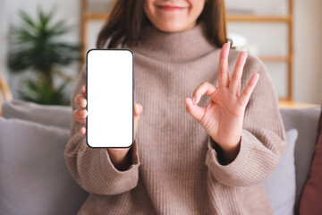 Closeup image of a young woman making okay hand sign while holding and showing a mobile phone with...
