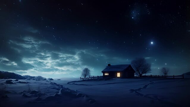 Dark night sky filled with stars over a frosted countryside with a small winter home nestled in the foreground animated backgrounds, stream overlay