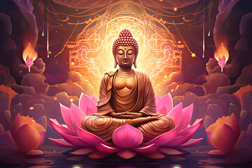 glowing Lotus flowers and gold buddha statue, nature background - obrazy, fototapety, plakaty