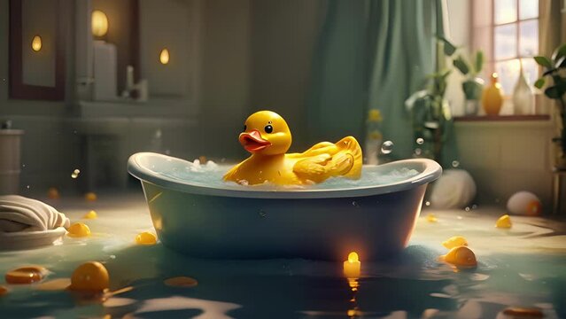 Closeup animation of a cheerful rubber ducky floating in a bubbly bath tub. .