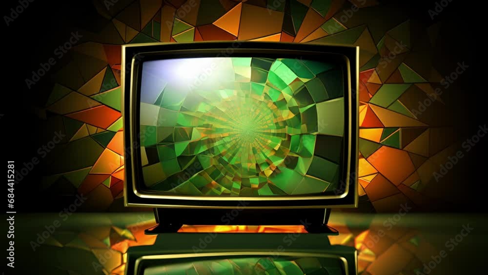 Poster an oldfashioned green and brasshued tv that features a bulky angular design. its screen is covered w