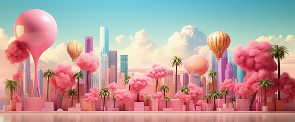 Dreamy Pink Cityscape with Vibrant Abstract Elements
