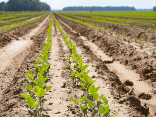 Close up Low Angle View of Rows of Soybean Seedlings in an Agricultural Field