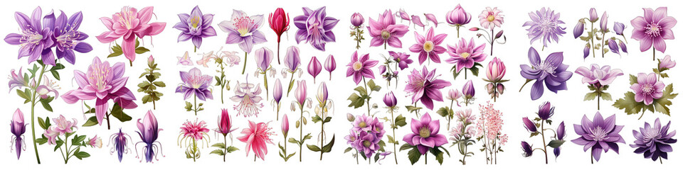 Aquilegia  Flower Set Concept Props For Icon Designing Hyperrealistic Highly Detailed Isolated On Transparent Background Png File