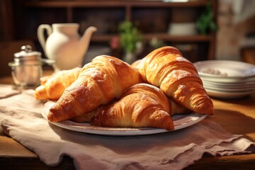 Freshly baked croissants on rustic kitchen table. Gourmet breakfast and French cuisine