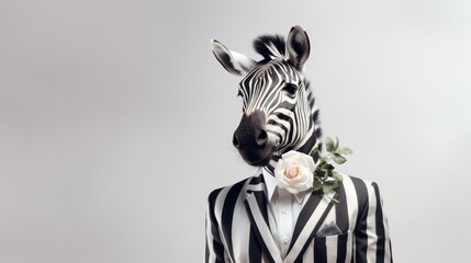 Fototapeta premium Zebra, Suit Fashionable with rose flower isolated on bright white background. advertisement. template. product presentation. copy text space.