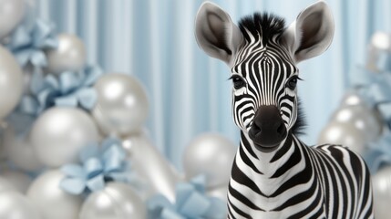 Zebra animal isolated on bright blue white balloons bow background. advertisement. template. product presentation. copy text space.