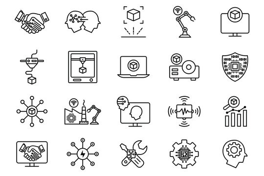 industry icon set. industry 5.0, 3d printing, artificial intelligence, augmented reality, advanced sensor, intelligent robot ,etc. line icon style design. simple vector design editable