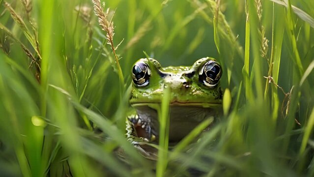 A curious frog peeking out from behind a of tall grass, its tiny webbed feet ly visible. .