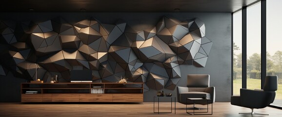 A fusion of metallic grids and floating shapes creates a futuristic 3D wall decor, exuding a sense...