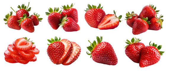 Strawberry Strawberries, many angles and view side top front sliced halved group cut isolated on transparent background cutout, PNG file. Mockup template for artwork graphic design - obrazy, fototapety, plakaty