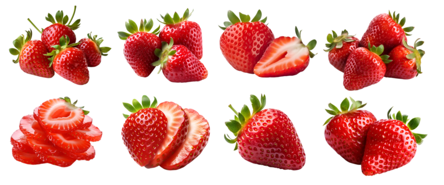 Strawberry Strawberries, many angles and view side top front sliced halved group cut isolated on transparent background cutout, PNG file. Mockup template for artwork graphic design