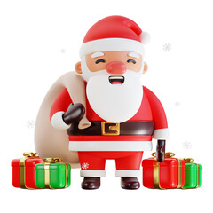 Christmas Santa Claus with bag of gifts box. Happy New Year and Merry Christmas. Realistic 3d design of objects and decorated for Holiday card, banner, web poster, ads. 3D Rendering