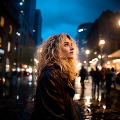 Woman walking down a busy New York City street at dusk wearing a jacket and enjoying the city lights