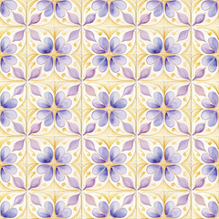 水彩のマジョリカタイル　柔らかい薄紫と黄色のシームレス背景イラスト