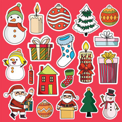 Christmas sticker printable set vector illustration, suitable for gift or decoration and graphic design element