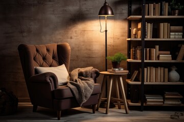 Cozy reading nook with a vintage armchair, a floor lamp, and a built-in bookshelf - obrazy, fototapety, plakaty