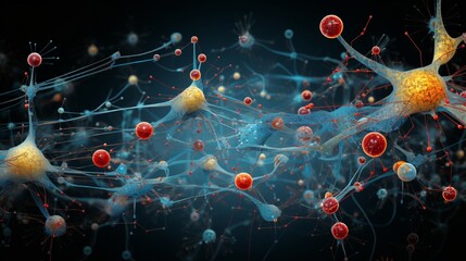 A highly-detailed visualization displaying neurotransmitter molecules and their molecular framework.