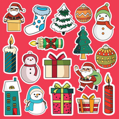 Christmas sticker printable set vector illustration, suitable for gift or decoration and graphic design element