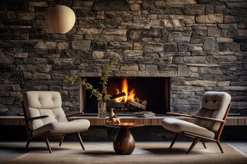Mid-century modern fireplace surrounded by a stone wall and iconic lounge chairs